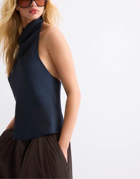 Stradivarius - Top allacciato al collo effetto raso blu scuro - view 1