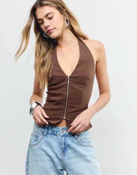 Stradivarius - Top allacciato al collo in bengalina marrone - view 1