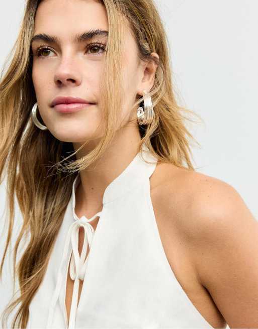 Stradivarius - Top allacciato al collo stile qipao con bottoni bianco, 4 di 4