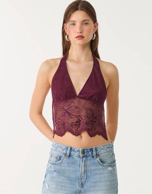 Stradivarius - Top allacciato al collo viola con ricamo e strass - view 1