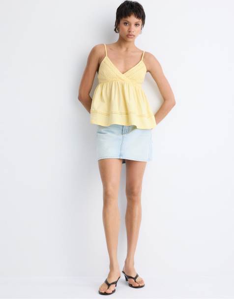 Stradivarius - Top all'uncinetto con spalline sottili giallo pastello - view 1