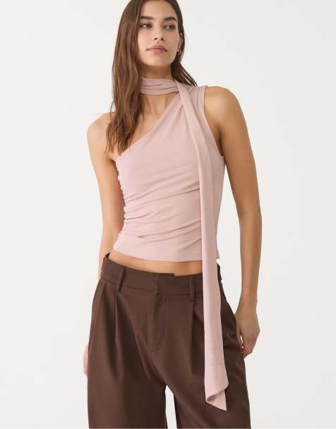Stradivarius - Top asimmetrico rosa antico in tulle con sciarpa integrata - view 1