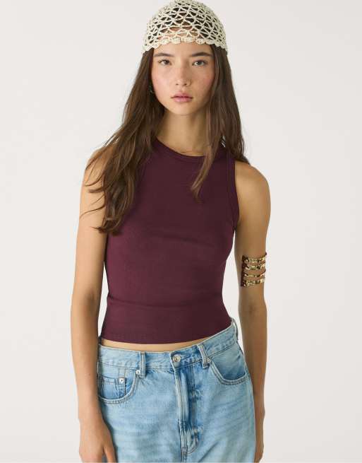 Stradivarius - Top basic color melanzana con scollo a vogatore sul retro
