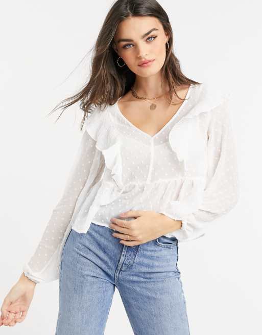 Stradivarius - Top bianco a pois tono su tono 