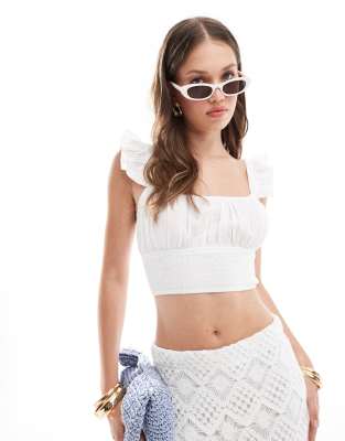 Stradivarius - Top bianco con maniche con volant - view 1