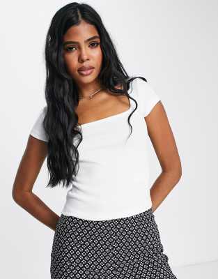 Stradivarius - Top bianco con scollo quadrato senza cuciture 