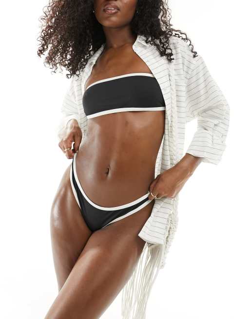 Stradivarius - Top bikini a fascia nero con cuciture a contrasto in coordinato