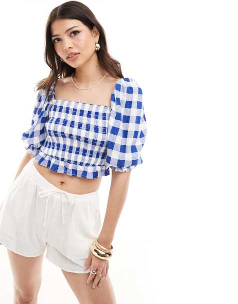 Stradivarius - Top blu a quadretti con scollo squadrato - view 1