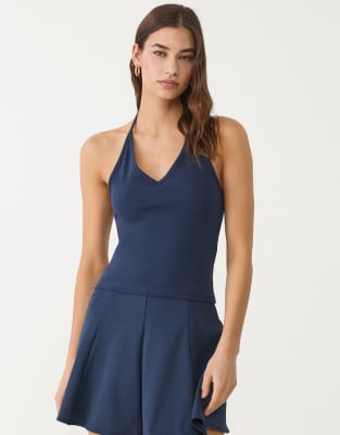Stradivarius - Top blu navy allacciato al collo - view 1