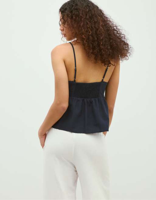 Stradivarius - Top blu scuro con spalline sottili stile rustico, 3 di 4