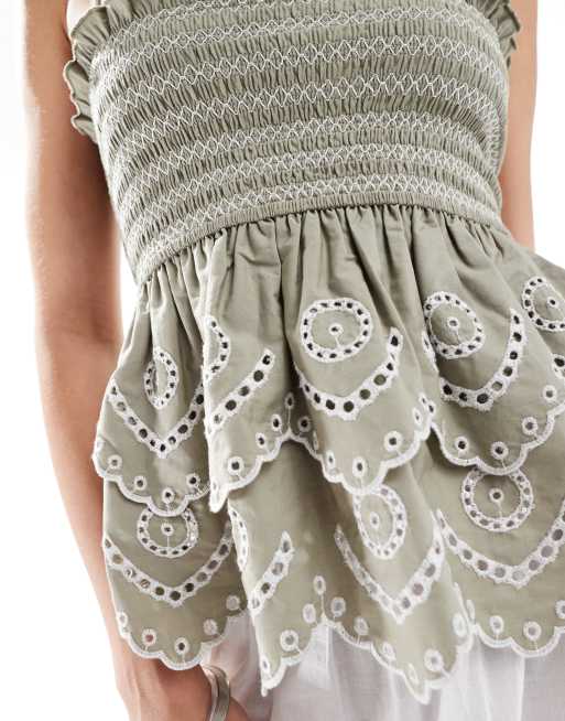 Top Femme Kaki à Manches Volant – Taille Unique, Polyester, Neuf Avec étiquettes