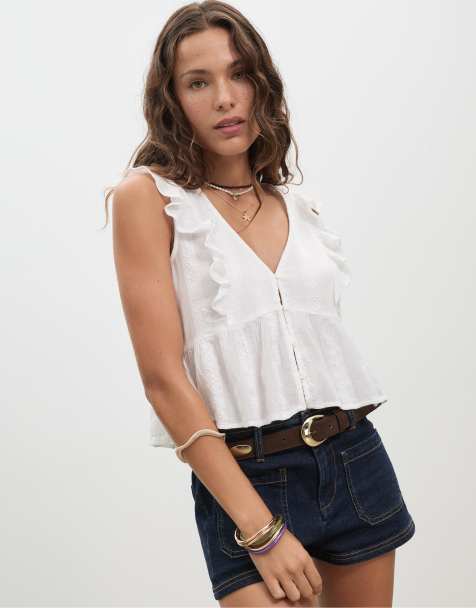 Stradivarius - Top brodé coupe ample à volants - Blanc - view 1