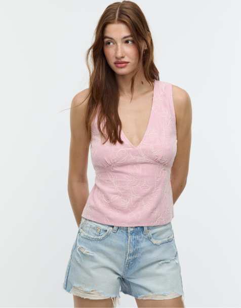 Stradivarius - Top brodé en lin mélangé - Rose pastel - view 1