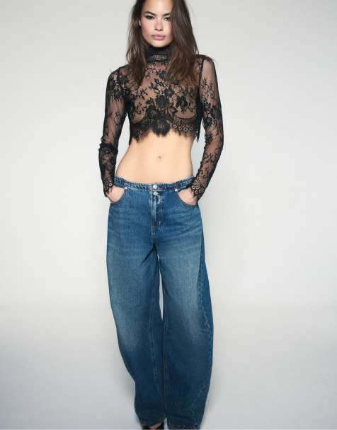Stradivarius top col montant en dentelle noir - view 1