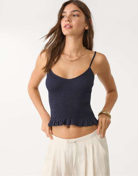 Stradivarius - Top color blu navy con spalline sottili e dettaglio elasticizzato - view 1