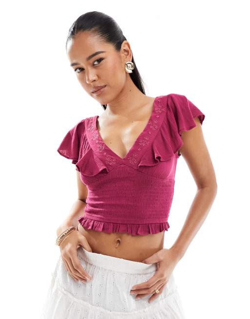 Stradivarius - Top color lampone con scollo a V e volant
