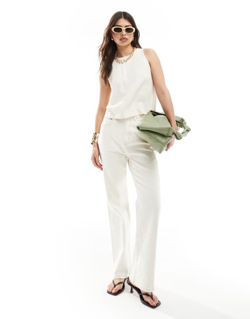 Stradivarius - Top con dorso a vogatore color pietra in misto lino