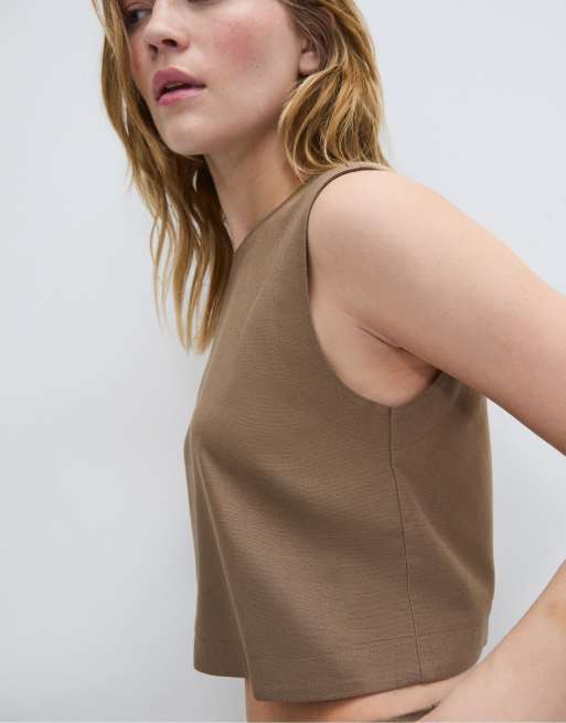 Stradivarius - Top con dorso a vogatore marrone in misto lino, 3 di 4