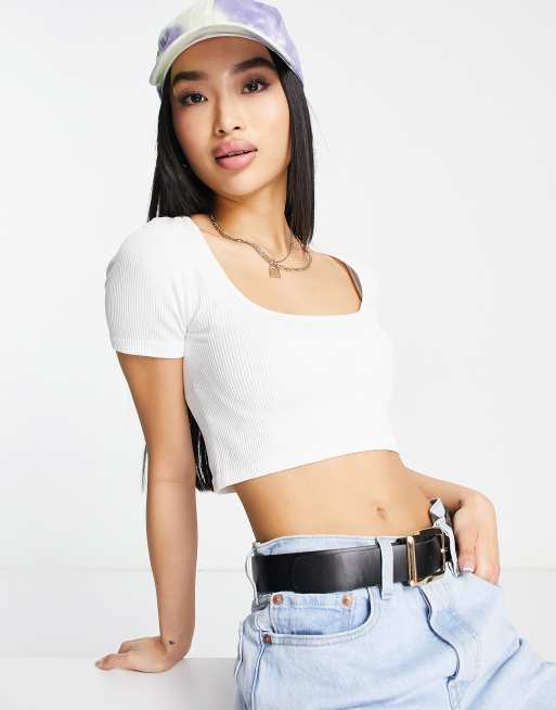 Stradivarius - Top con scollo rotondo a coste senza cuciture bianco 