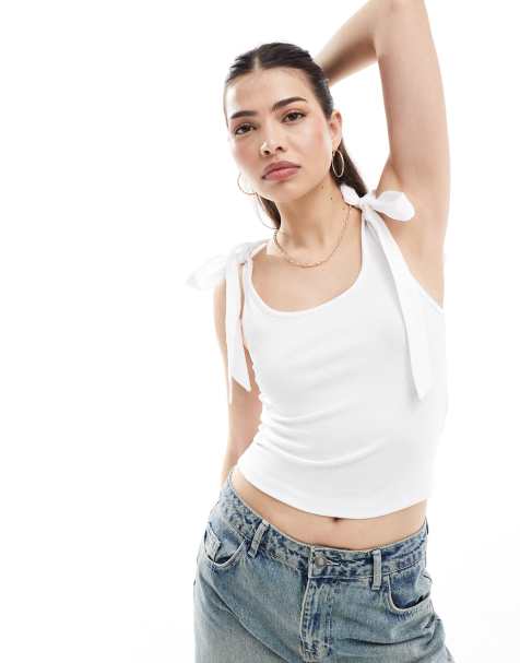 Stradivarius - Top con spalline allacciate bianco - view 1