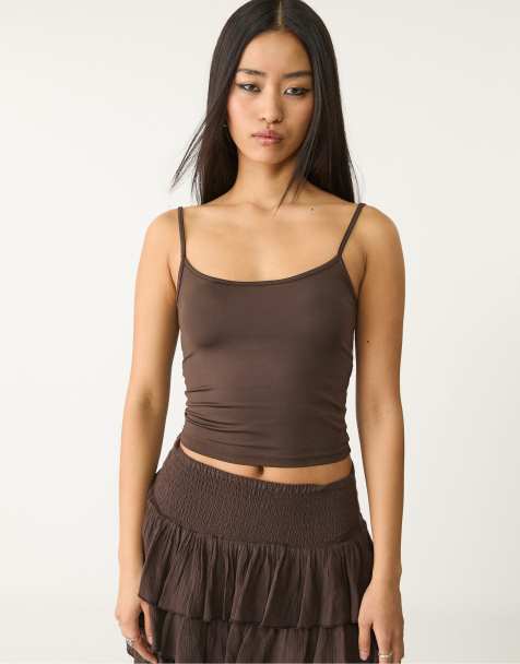 Stradivarius - Top con spalline sottili in poliammide marrone - view 1