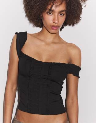 Stradivarius - Top corset à volants - Noir