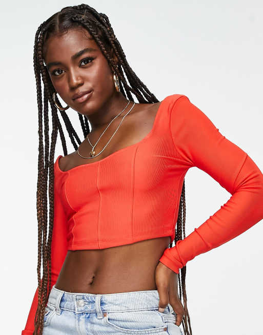Stradivarius - Top corset nervuré structuré à manches longues - Rouge