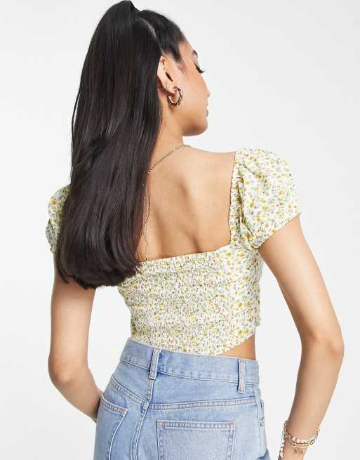 Stradivarius Top corsetto giallo a fiori con maniche a sbuffo