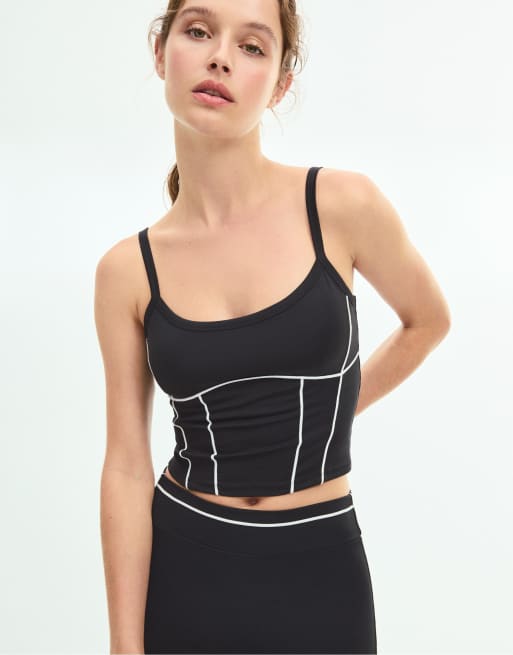 Stradivarius top corto nero con profili a contrasto, 2 di 6