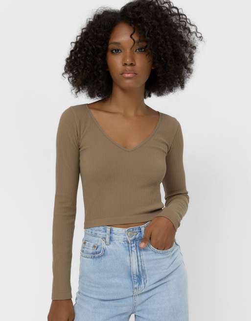 Stradivarius - Top côtelé sans coutures à col V - Champignon