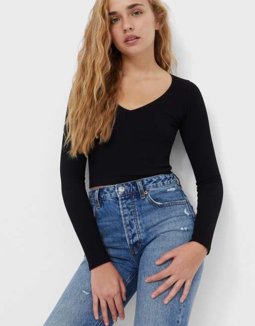 Stradivarius Top c tel sans coutures col V Noir