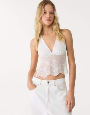 Stradivarius - Top dos nu à broderies à strass - Écru