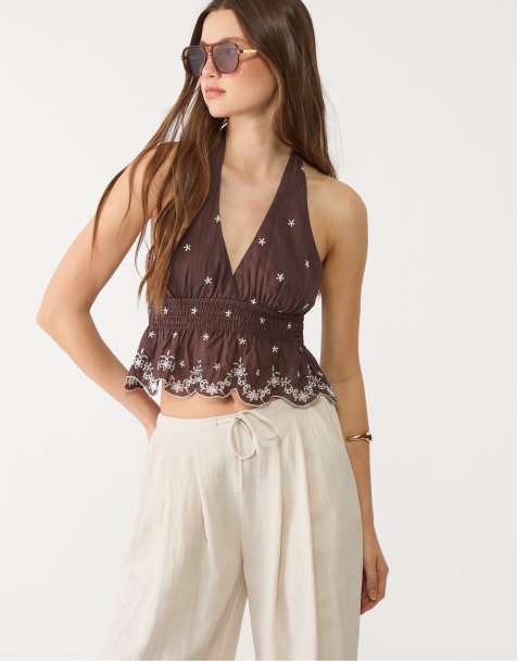 Stradivarius - Top dos nu à broderies contrastantes - Marron - view 1