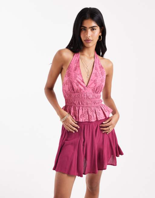 Stradivarius - Top dos nu à détails en broderie anglaise - Framboise