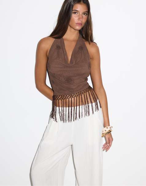 Stradivarius - Top dos nu à franges - Marron - view 1