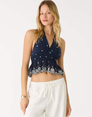 Stradivarius - Top dos nu avec broderies contrastantes - Bleu marine - view 1