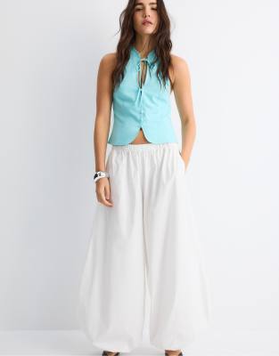Top dos nu boutonné à col mao - Turquoise-Bleu L