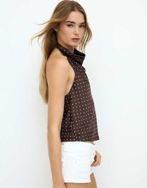 Stradivarius top dos nu effet satin à pois marron, 4 de 4
