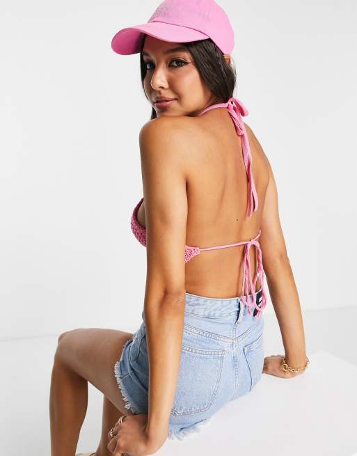 Stradivarius - Top dos nu en maille crochetée - Rose , 2 de 4