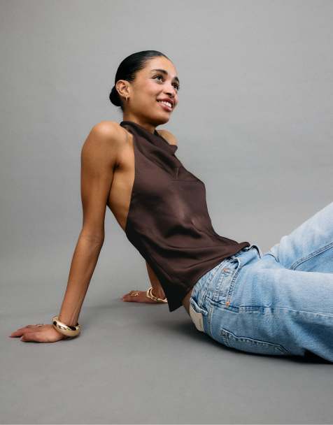 Stradivarius - Top dos nu satiné - Marron - view 1