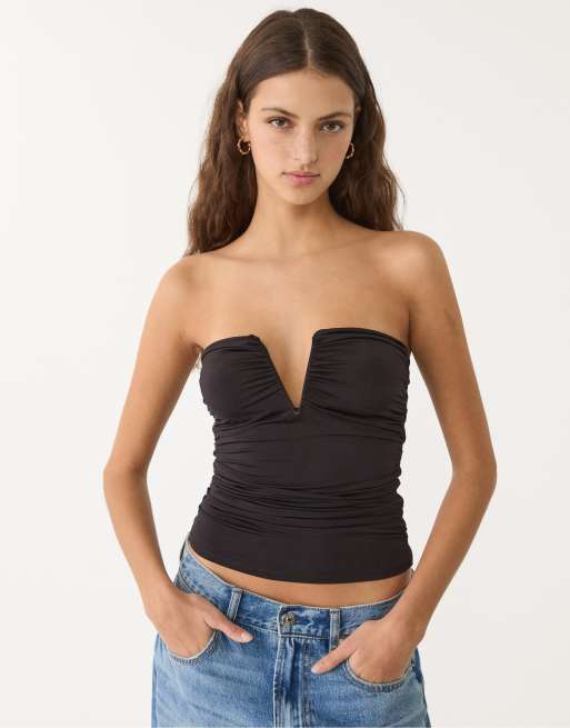 Stradivarius - Top drappeggiato a fascia nero con dettaglio a V