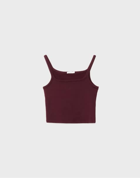 Stradivarius - Top elasticizzato color melanzana con spalline sottili - view 1