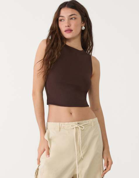 Stradivarius - Top en coton boutonné sans manches - Marron - view 1