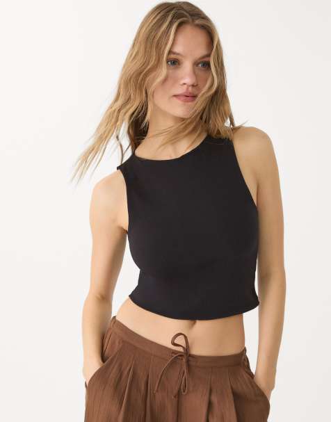 Stradivarius - Top en coton boutonné sans manches - Noir - view 1