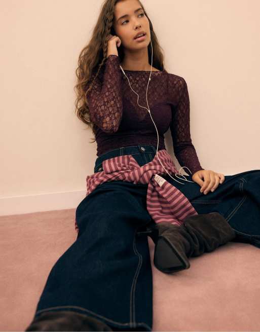 Stradivarius top en dentelle à manches longues violet, 5 de 7