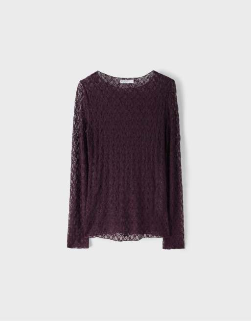 Stradivarius top en dentelle à manches longues violet, 6 de 7