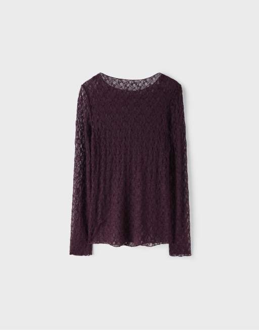 Stradivarius top en dentelle à manches longues violet, 7 de 7