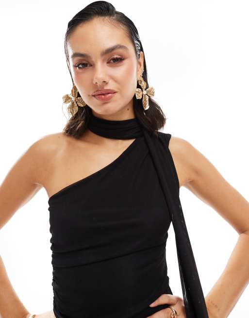Stradivarius - Top en tulle asymétrique avec foulard - Noir, 3 de 4