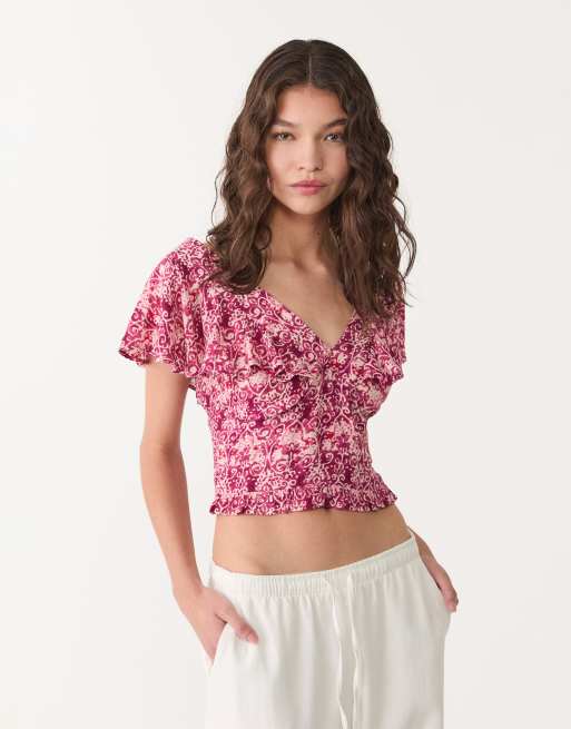 Stradivarius - Top fluide à manches courtes - Rose