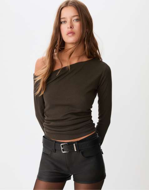 Stradivarius - Top froncé asymétrique - Marron - view 1